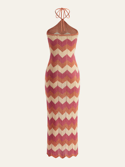 Color Block Halter Knotted Split Sweater Dress