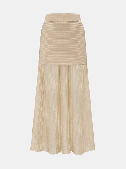 High Waist Patchwork Pleated Midi Skirt