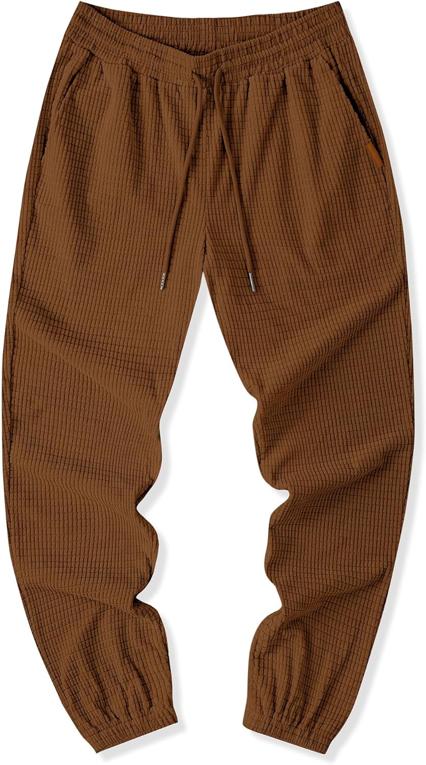 Mens Casual Pants Waffle Textured Drawstring Stretch Elastic Waist Tapered Joggers with Pockets