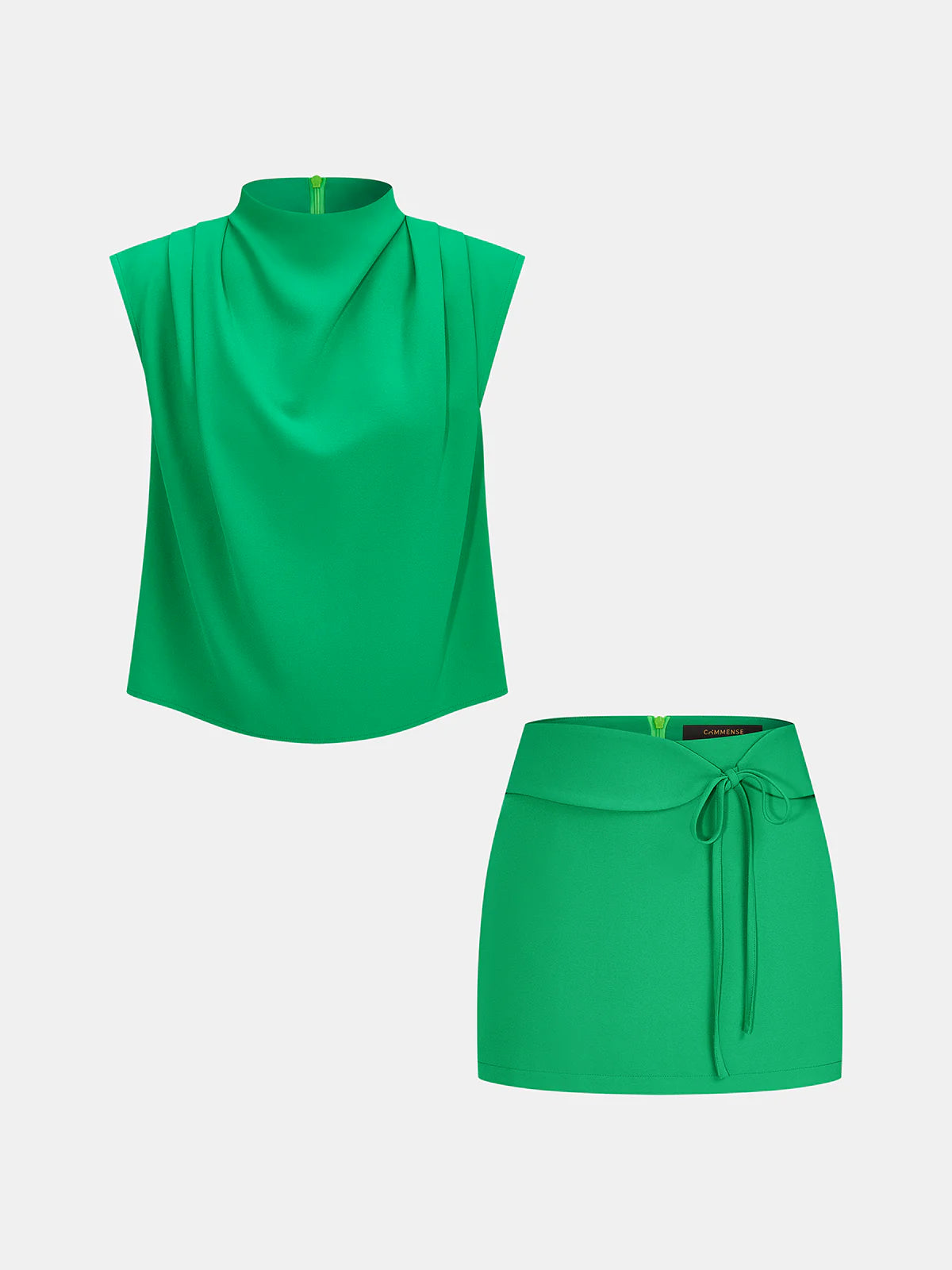 Draped Mock Neck Blouse & Tie-Waist Mini Skirt Set
