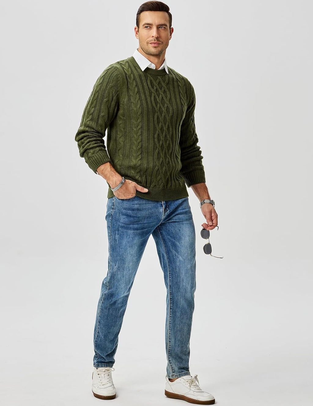 Men's Cable Knit Pullover Sweater Casual Crewneck Long Sleeve Fisherman Knitted Sweaters