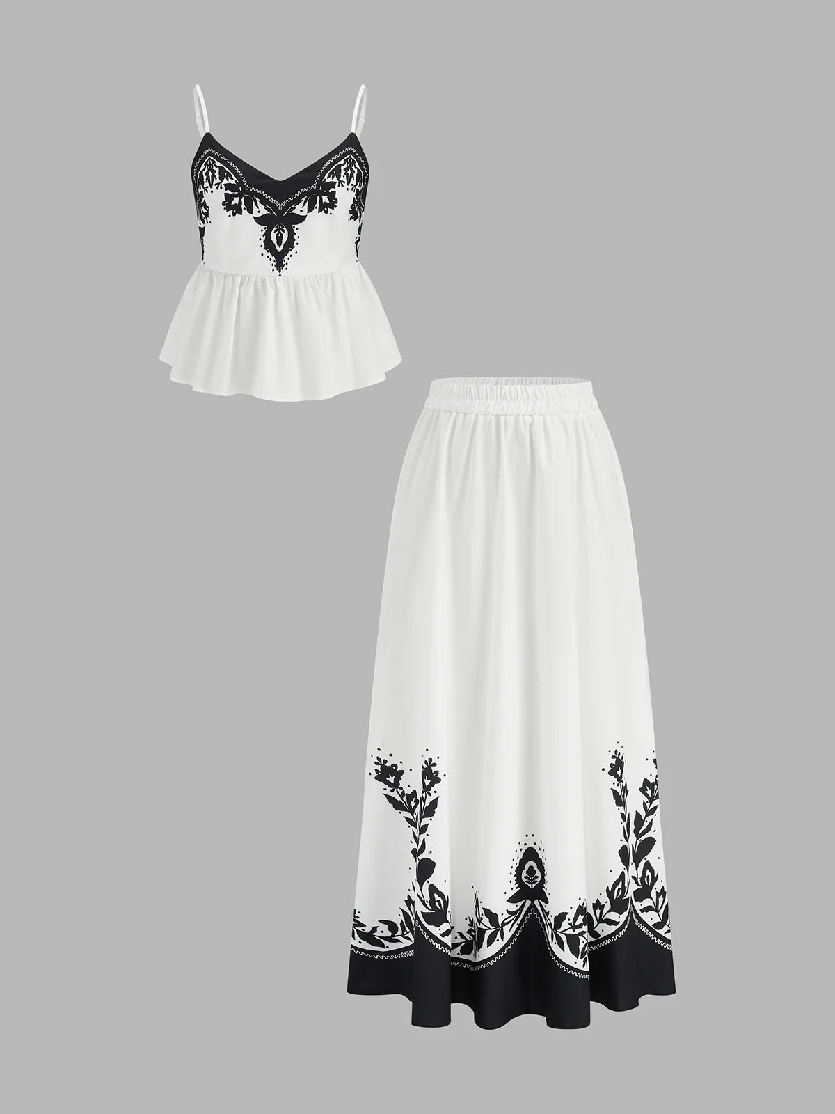 Floral Print Peplum Cami Top & Midi Skirt Set