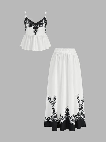 Floral Print Peplum Cami Top & Midi Skirt Set