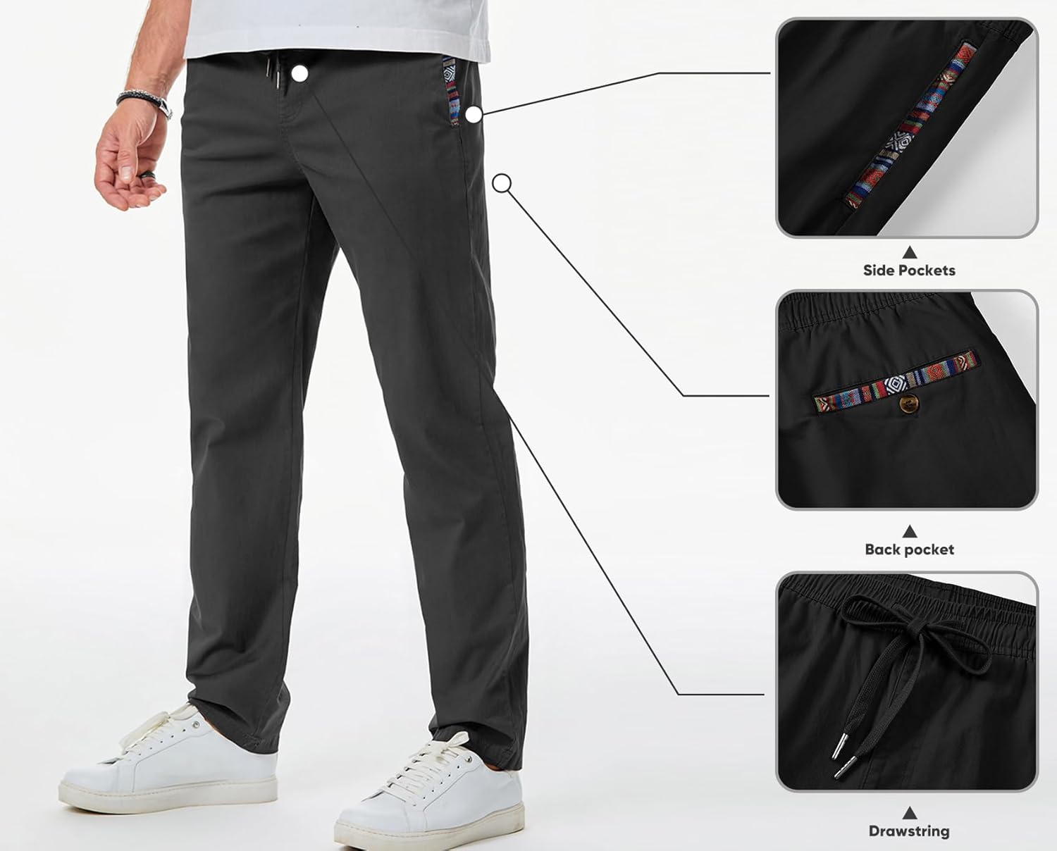 Men's Casual Pants Cotton Twill Drawstring Elastic Waist Chino Pants with Pockets