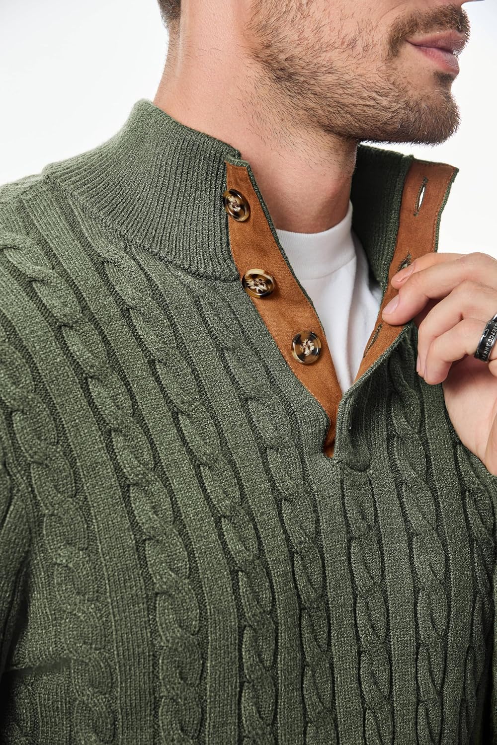 Men's Cable Knit Pullover Sweater Casual Long Sleeve Stand Collar Button Knitted Sweaters