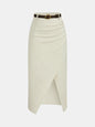 Belted Linen Blend Ruched Wrap Midi Skirt
