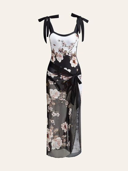 Floral Tie-Shoulder One-Piece Swimsuit With Cover-Up