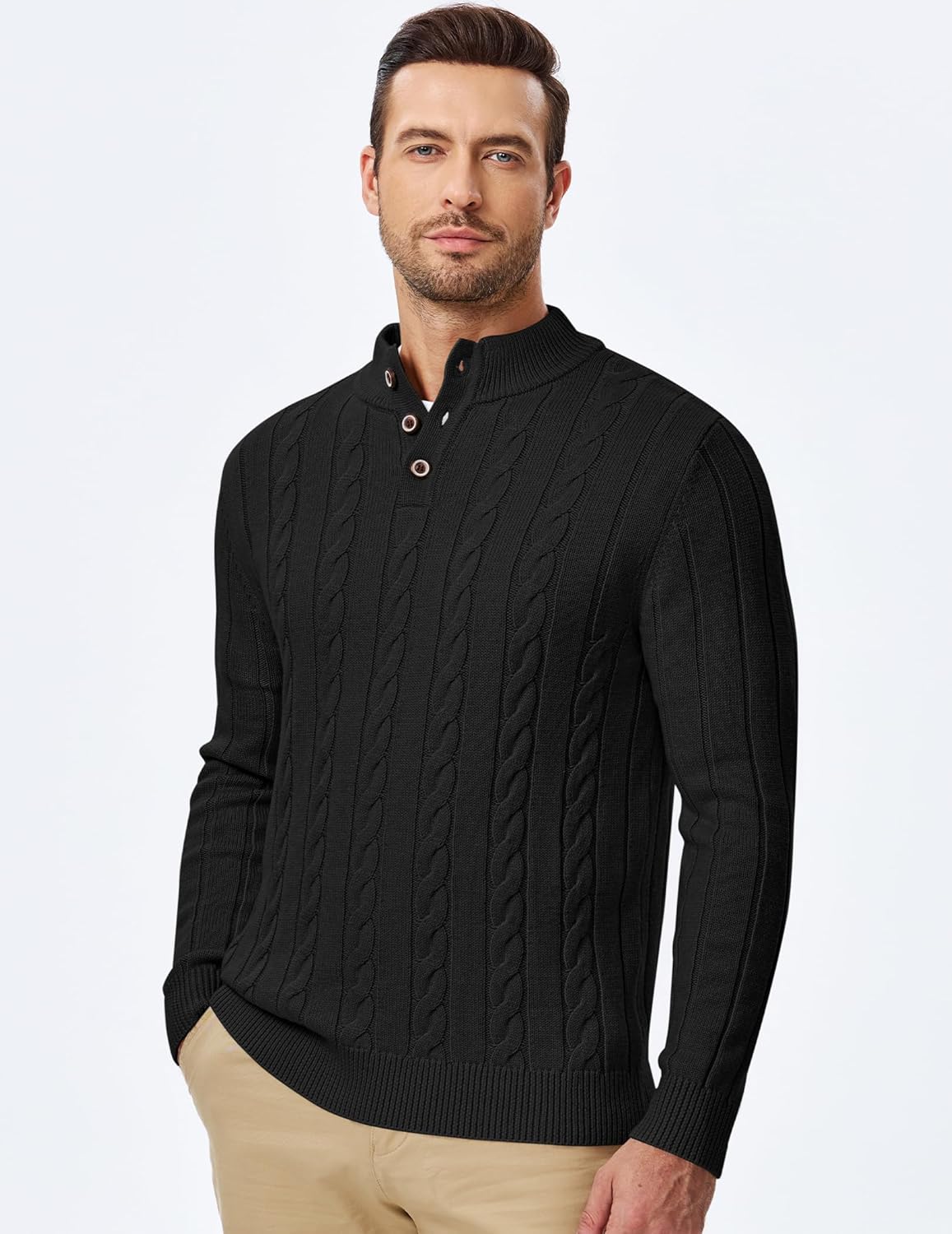 Men's Wool Blend Cable Knit Sweater Casual Long Sleeve Button Stand Collar Old Money Pullover Sweaters