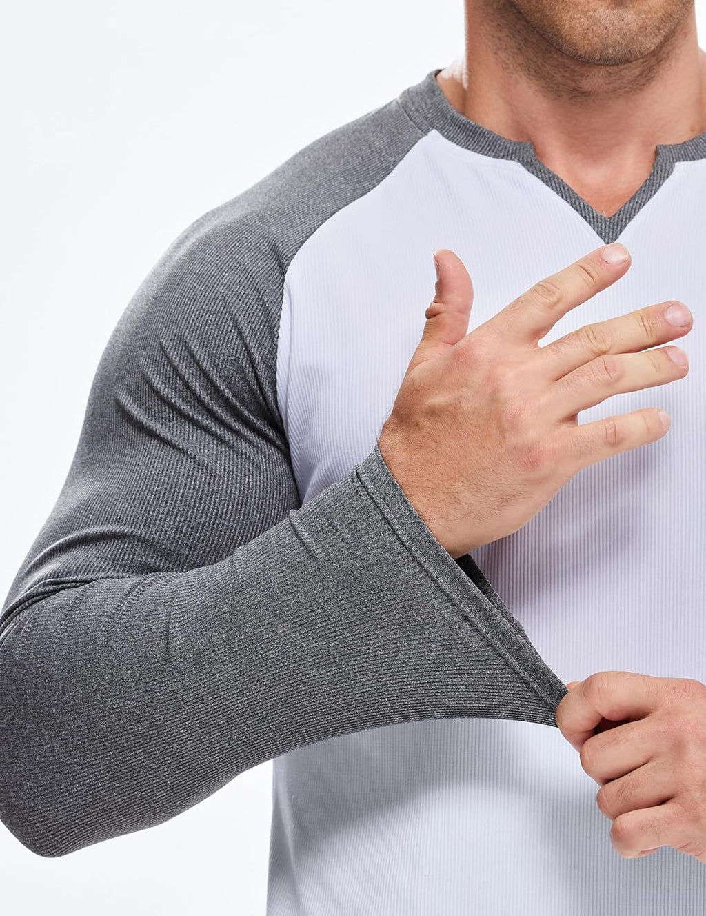 Mens Long Sleeve Muscle T Shirts Casual V-Neck Longline Ribbed Tee Shirts
