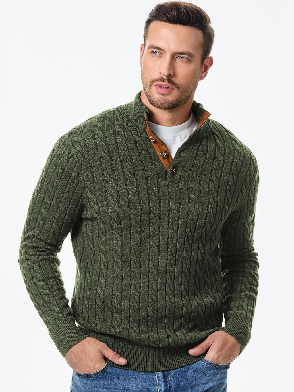 Men's Cable Knit Pullover Sweater Casual Long Sleeve Stand Collar Button Knitted Sweaters