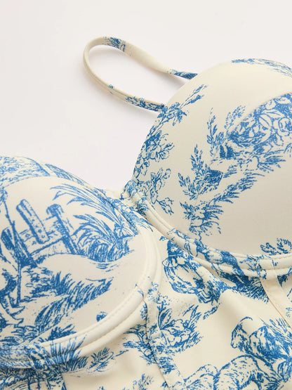 Toile Print One-Piece Swimsuit & Wrap Skirt Set