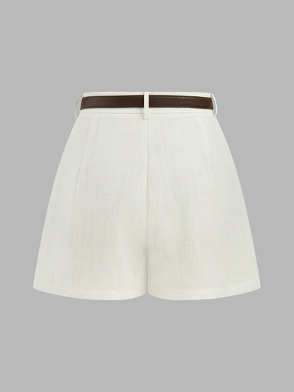 High Waist Belted Linen Blend Shorts
