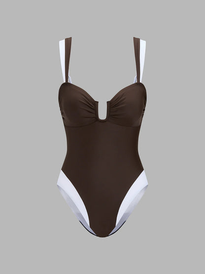 Color Block U Cut One Piece Swimsuit