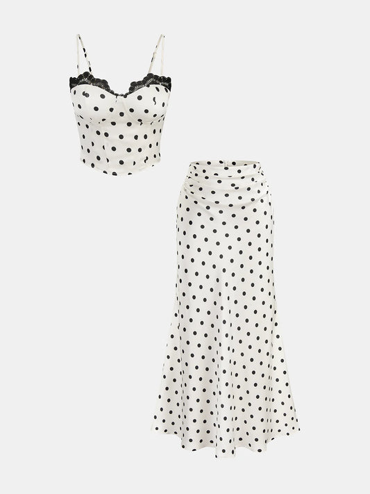 Polka Dot Lace Trim Cami Top & Skirt Sets