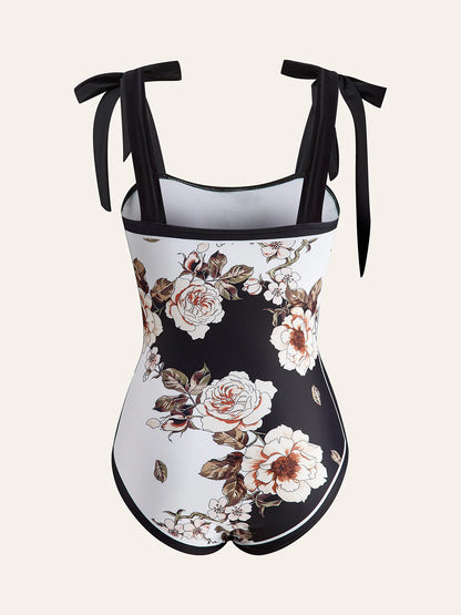 Floral Tie-Shoulder One-Piece Swimsuit With Cover-Up