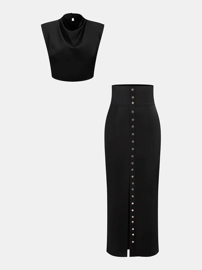 Satin Cowl-Neck Top & High-Waisted Skirt Set