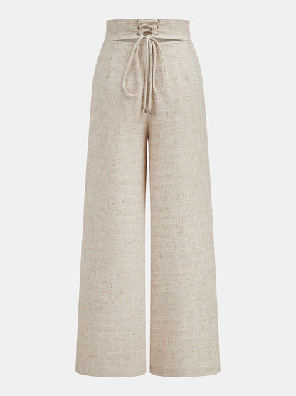 Textured Overlap Lace-Up Waist Wide Leg Pants