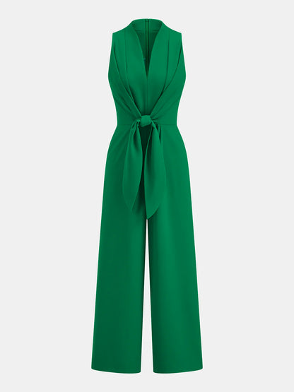 Sleeveless V-Neck Tie Waist Wide-Leg Jumpsuit