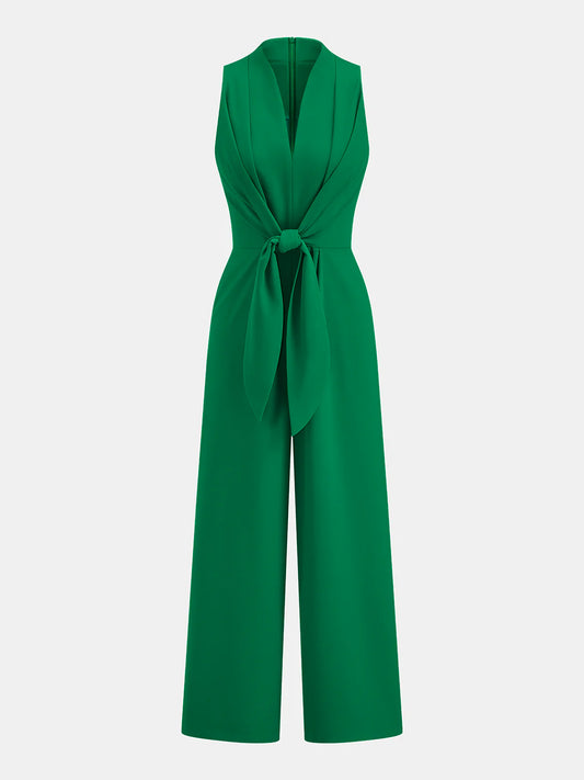 Sleeveless V-Neck Tie Waist Wide-Leg Jumpsuit