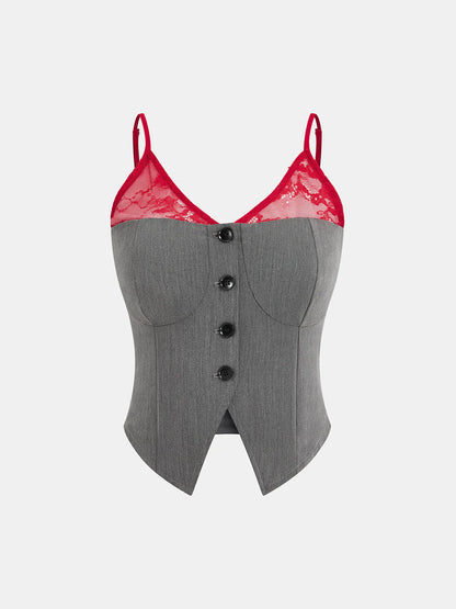 Contrast Lace Cami Vest & Pants Set with Scarf