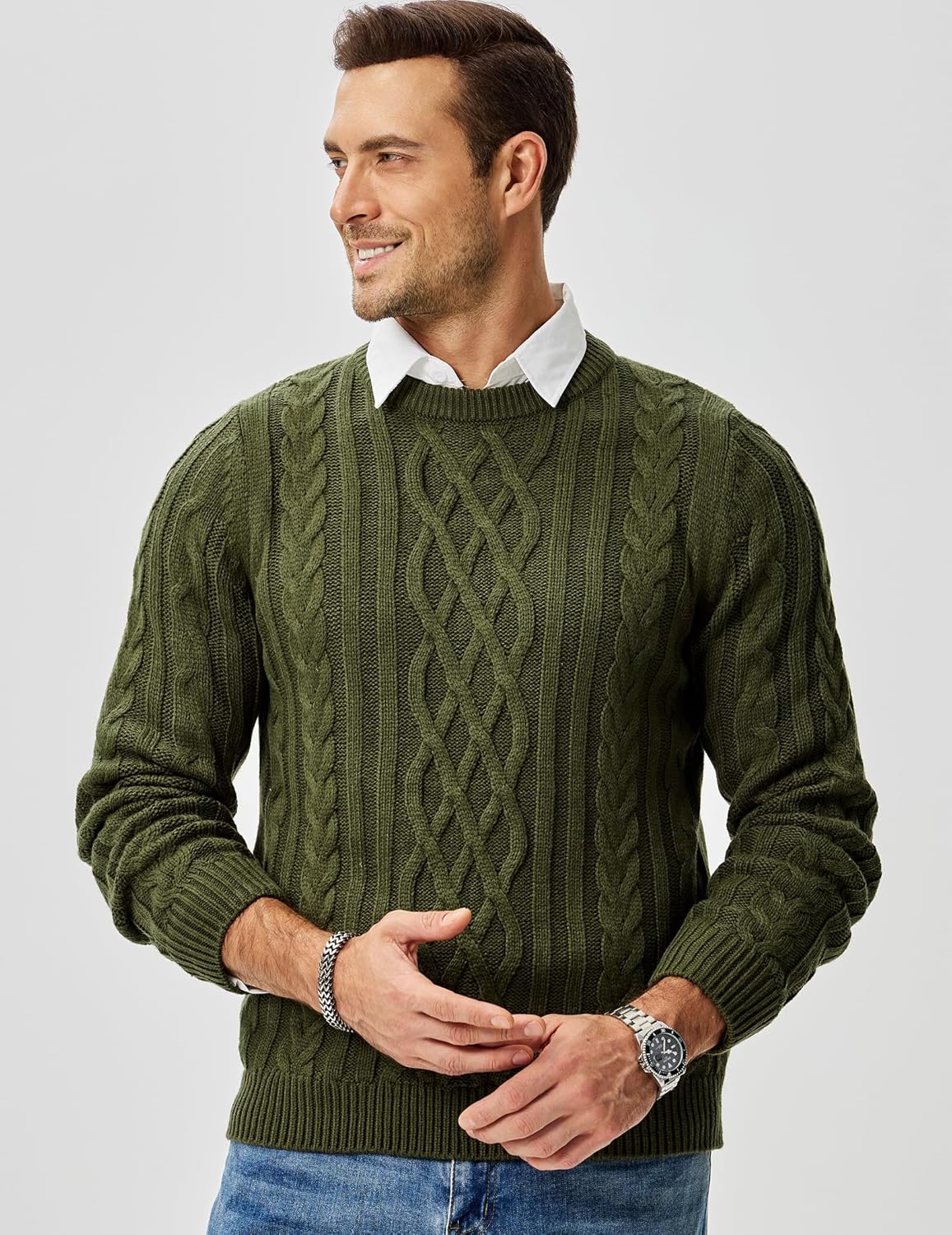 Men's Cable Knit Pullover Sweater Casual Crewneck Long Sleeve Fisherman Knitted Sweaters