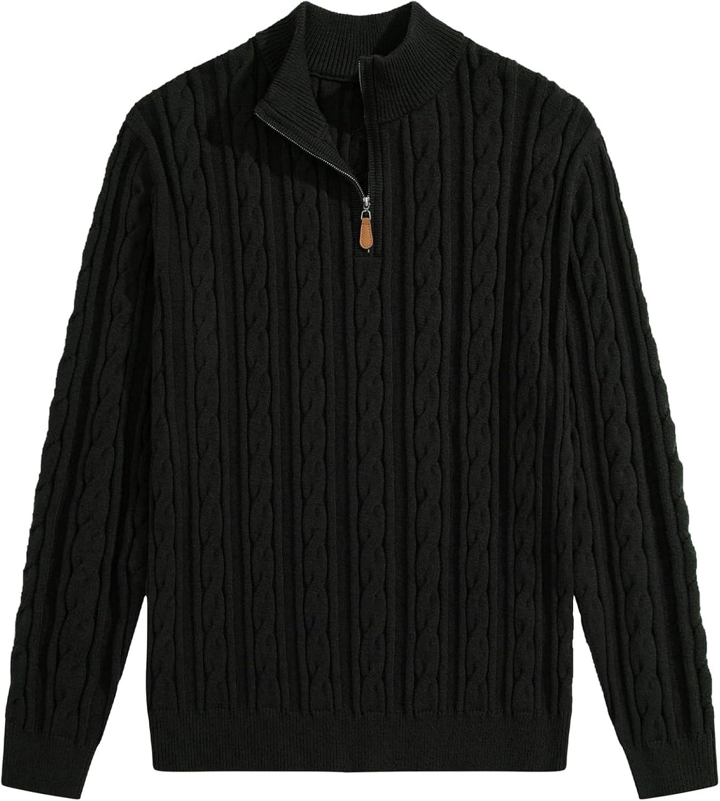 Men's Quarter Zip Pullover Sweater Cable Knit Casual Stand Collar Texture Knitted Sweaters