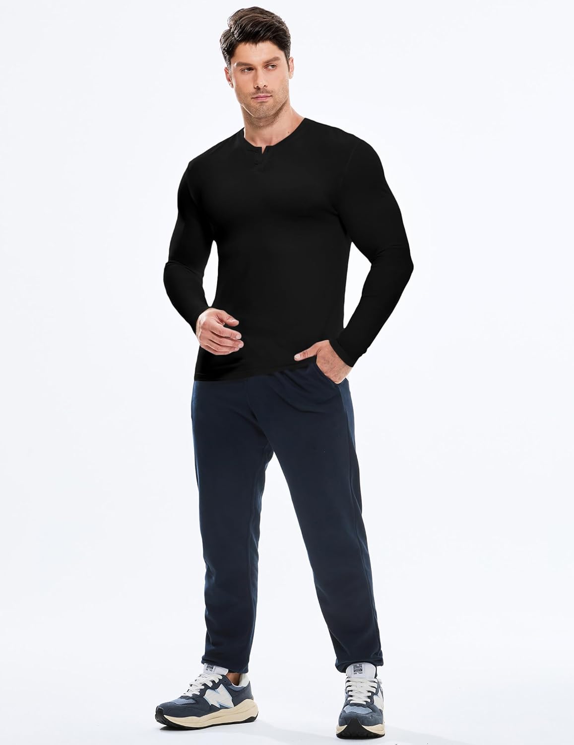 Mens Muscle Slim Henley Shirt Button V-Neck Long Sleeve Gym Workout Athletic T Shirts