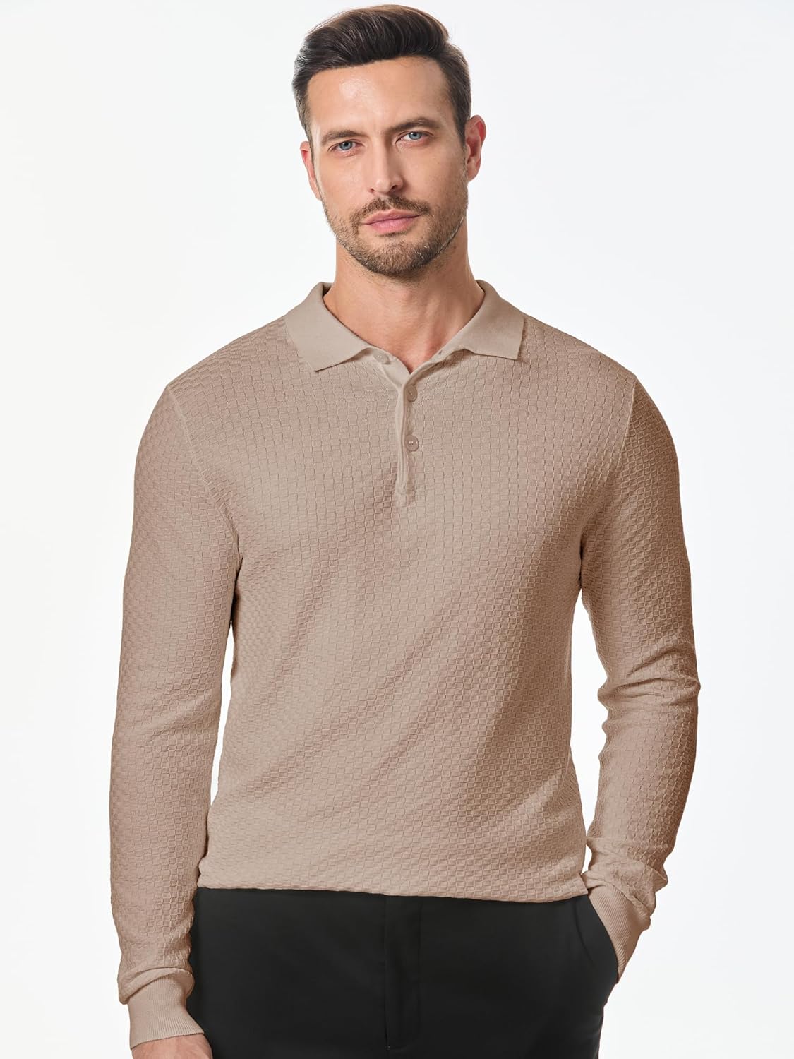 Mens Knit Polo Shirts Casual Button Down Long Sleeve Dress Shirts Winter Lightweight Pullover Sweater