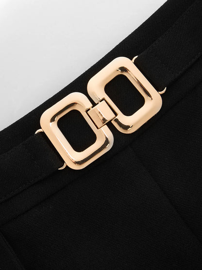 Mid Waist Metal Buckle A-Line Shorts