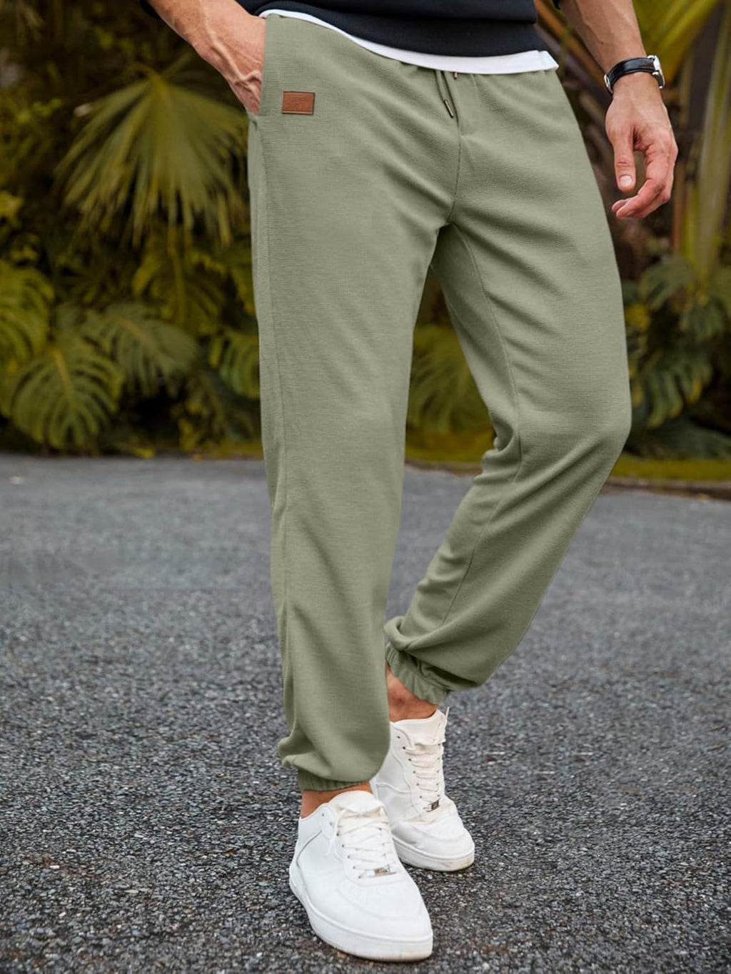 Men's Waffle Sweatpants Stretch Waist Drawstring Casual Tapered Joggers Gym Pants with Pockets