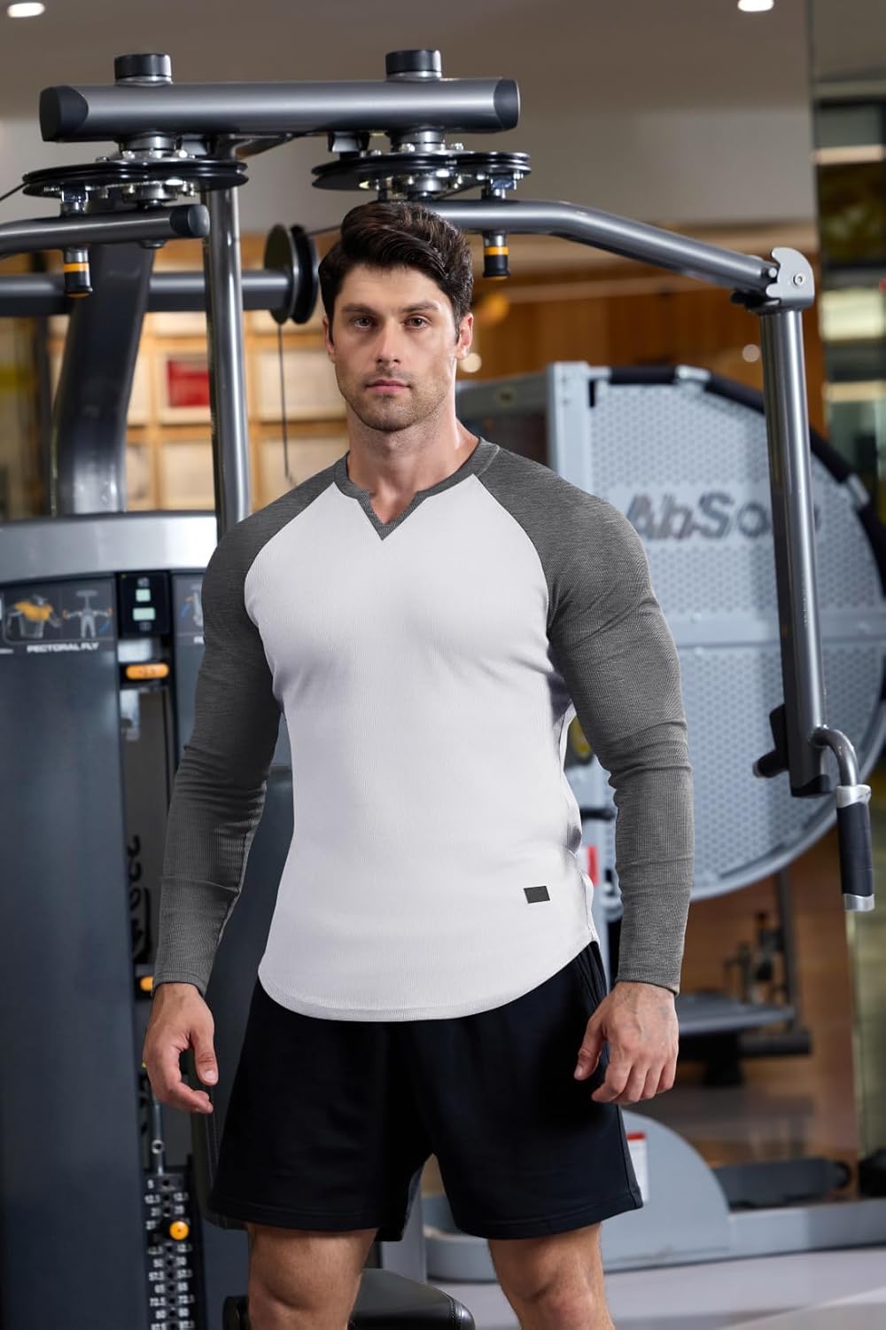 Mens Long Sleeve Muscle T Shirts Casual V-Neck Longline Ribbed Tee Shirts