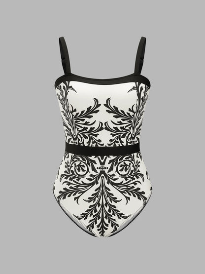 Baroque Print One-Piece Swimsuit & Sarong Set