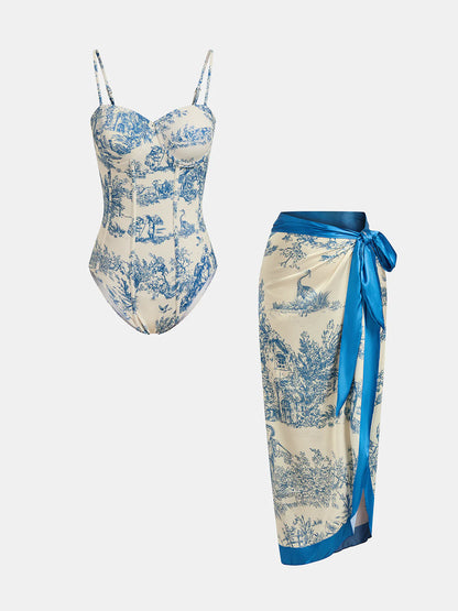 Toile Print One-Piece Swimsuit & Wrap Skirt Set