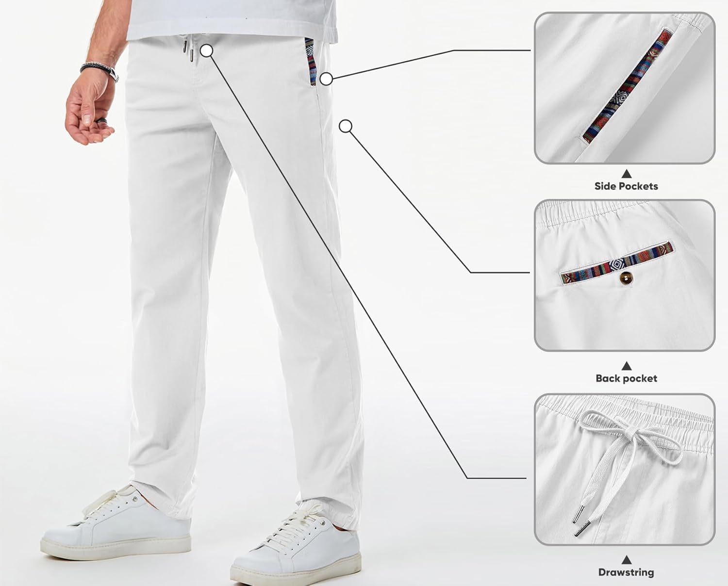 Men's Casual Pants Cotton Twill Drawstring Elastic Waist Chino Pants with Pockets