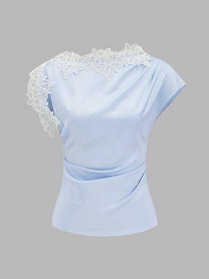 Asymmetric Lace Trim Ruched Blouse