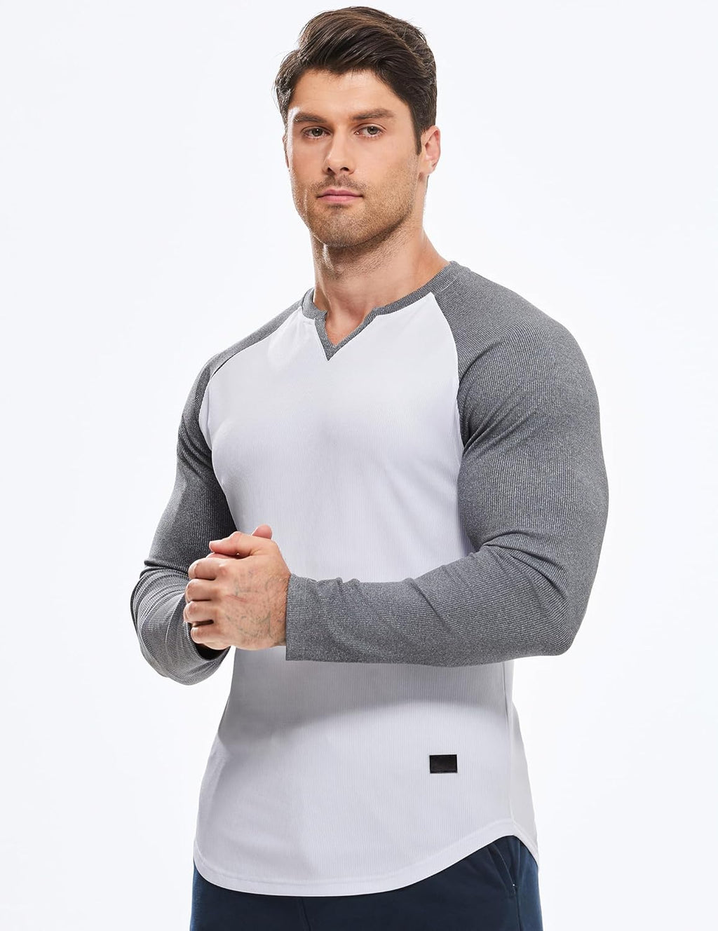 Mens Long Sleeve Muscle T Shirts Casual V-Neck Longline Ribbed Tee Shirts