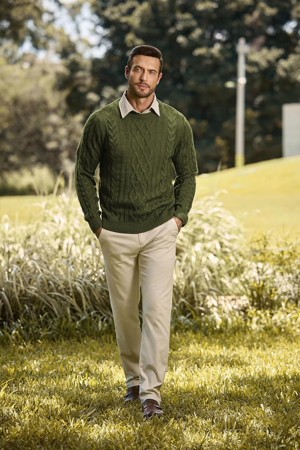 Men's Cable Knit Pullover Sweater Casual Crewneck Long Sleeve Fisherman Knitted Sweaters