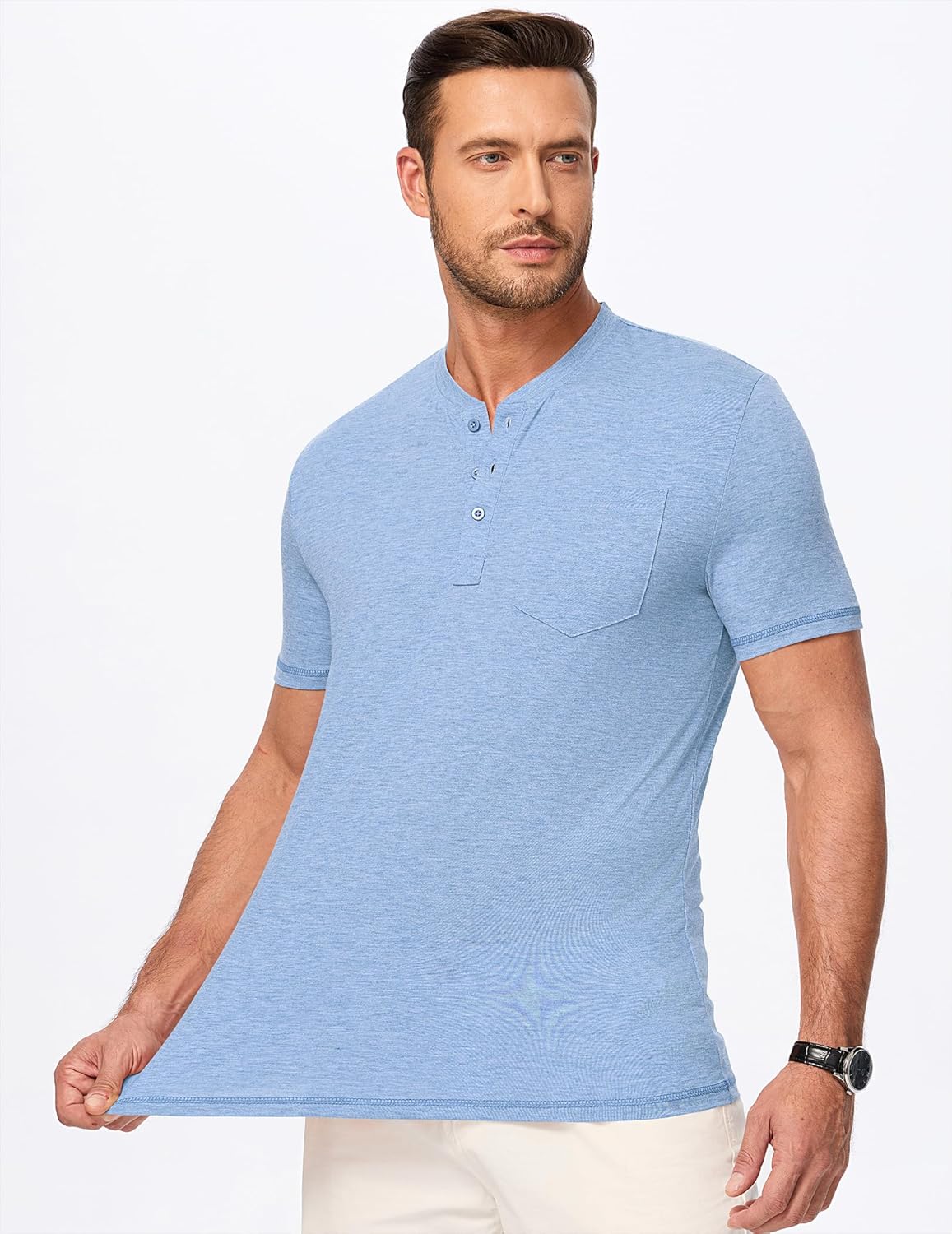 Mens Henley Shirts Short Sleeve Casual Basic Button Up Tees Pocket T Shirts for Men