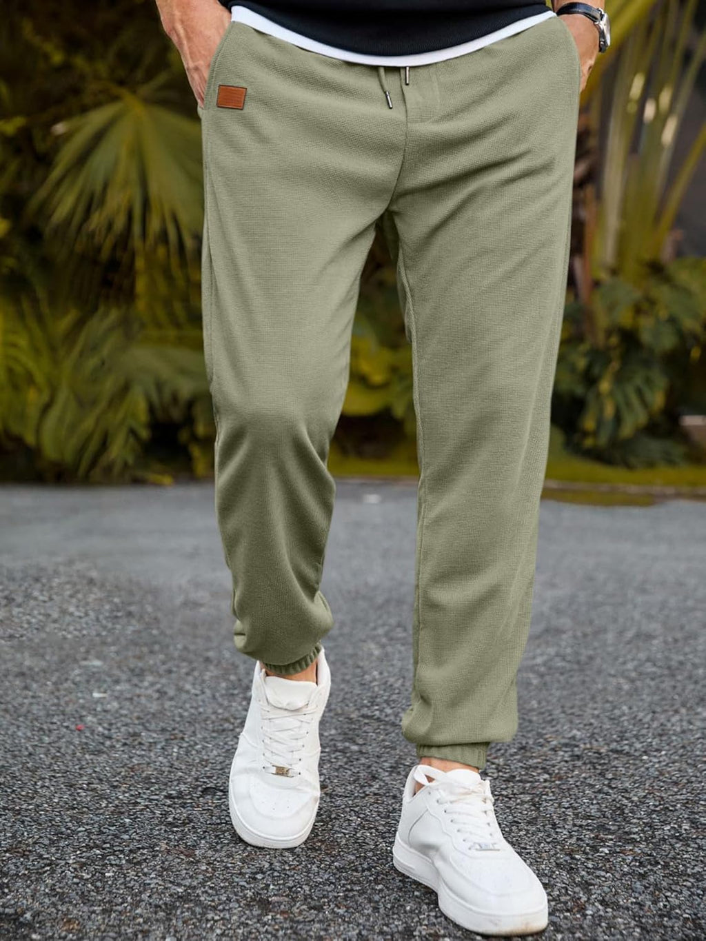 Men's Waffle Sweatpants Stretch Waist Drawstring Casual Tapered Joggers Gym Pants with Pockets