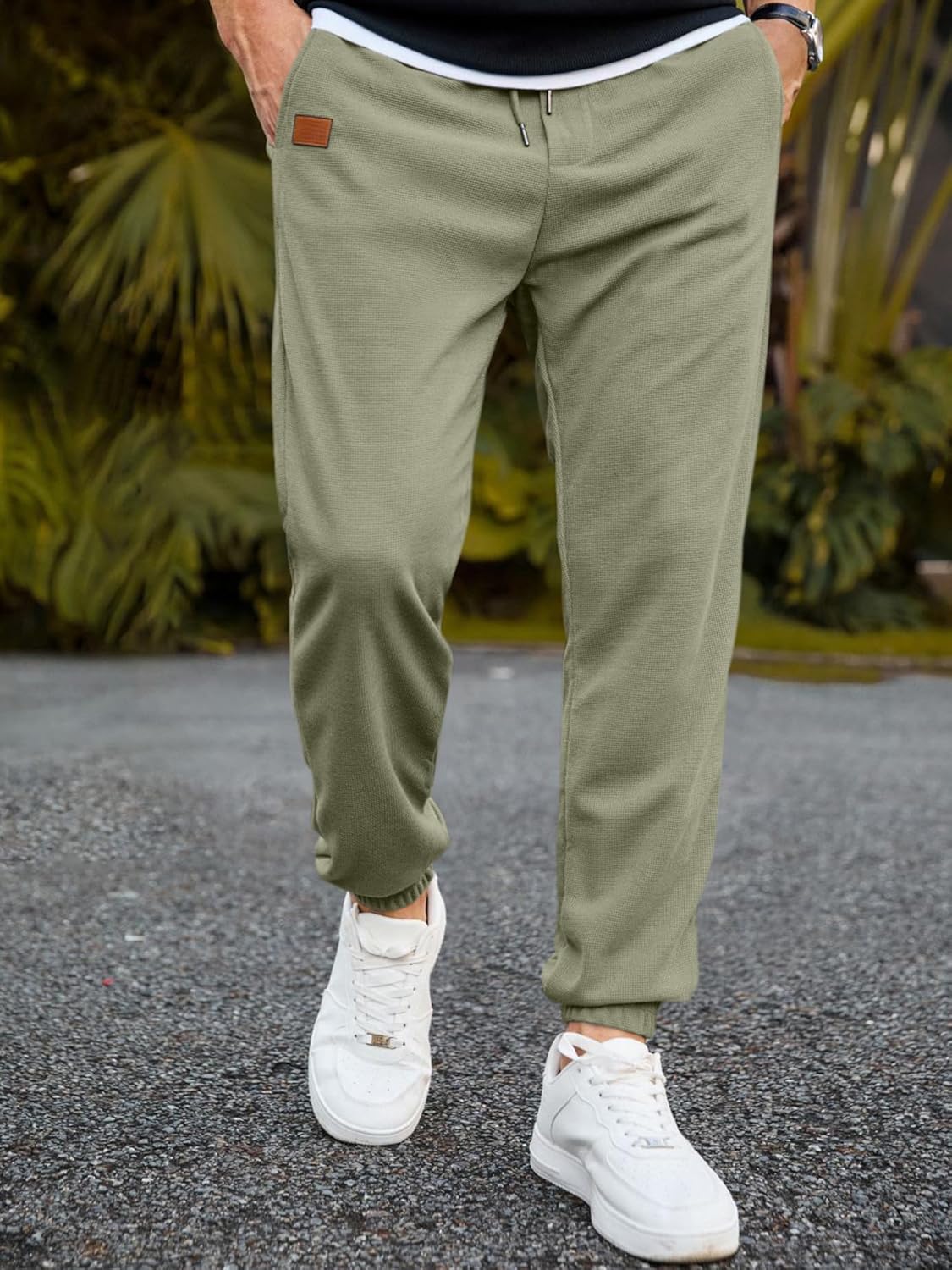 Men's Waffle Sweatpants Stretch Waist Drawstring Casual Tapered Joggers Gym Pants with Pockets