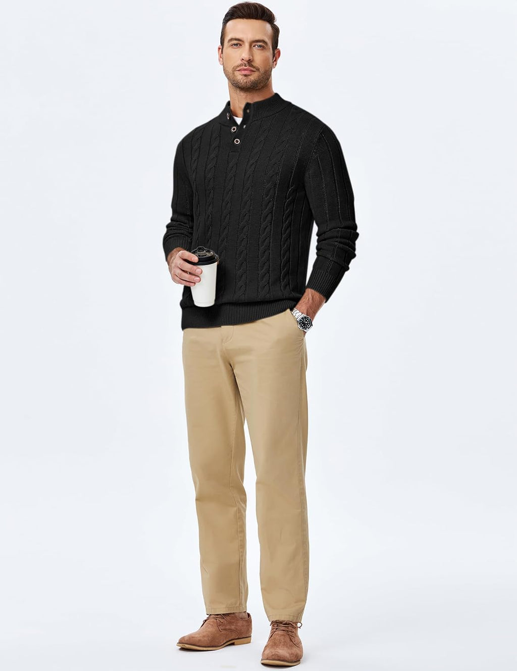 Men's Wool Blend Cable Knit Sweater Casual Long Sleeve Button Stand Collar Old Money Pullover Sweaters