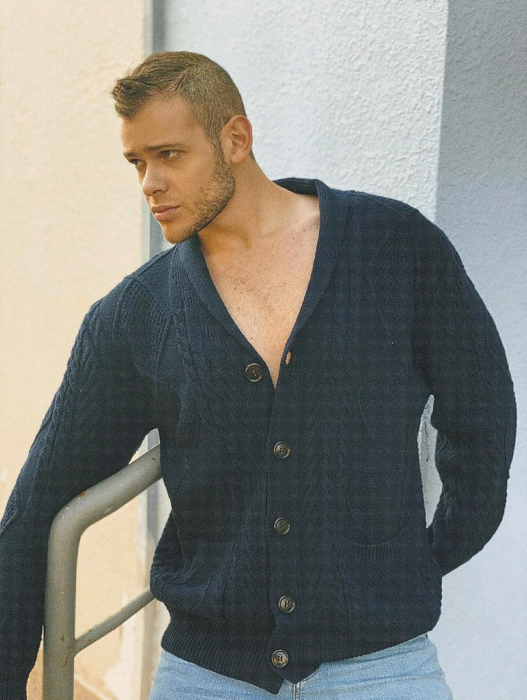 Men's Casual Wool Blend Long Sleeve Shawl Collar Buttons Down Cable Knit Cardigan Sweater