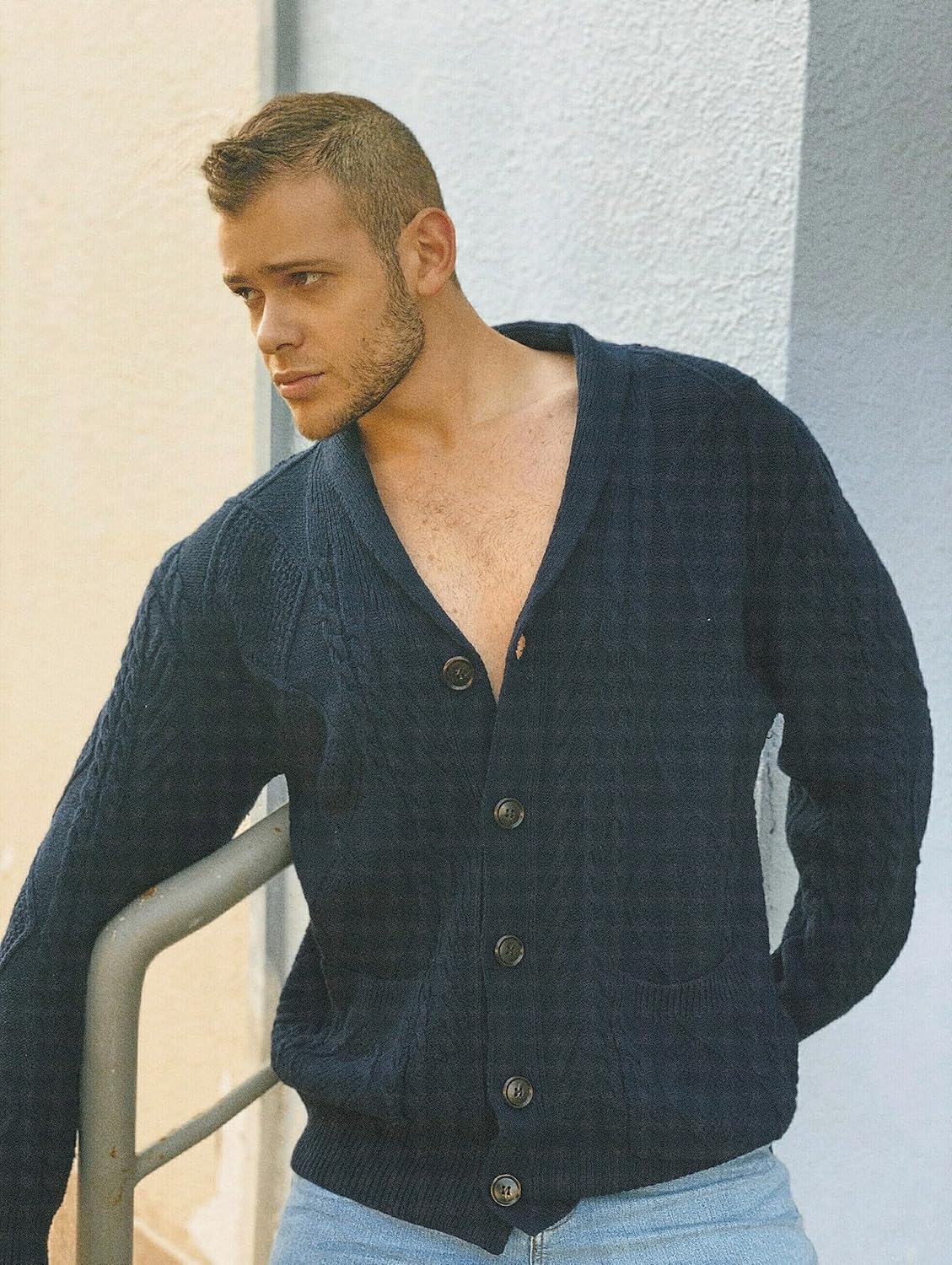 Men's Casual Wool Blend Long Sleeve Shawl Collar Buttons Down Cable Knit Cardigan Sweater