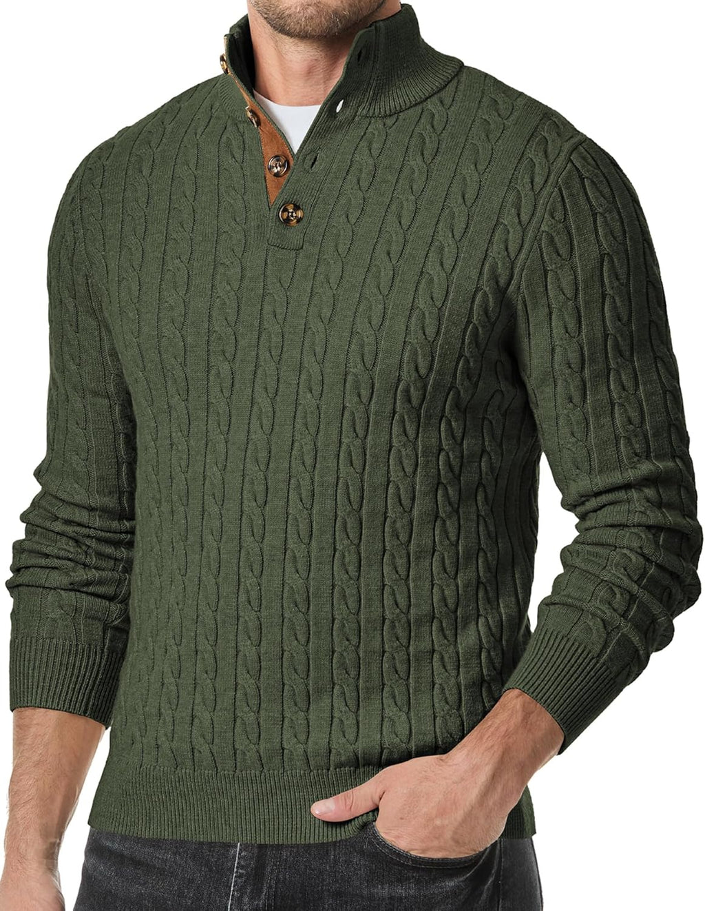 Men's Cable Knit Pullover Sweater Casual Long Sleeve Stand Collar Button Knitted Sweaters