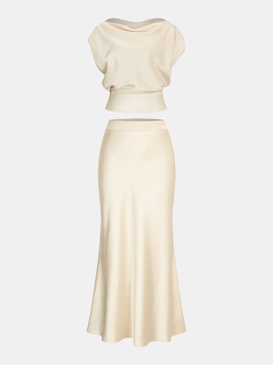 Satin Cowl Neck Top and Skirt Set