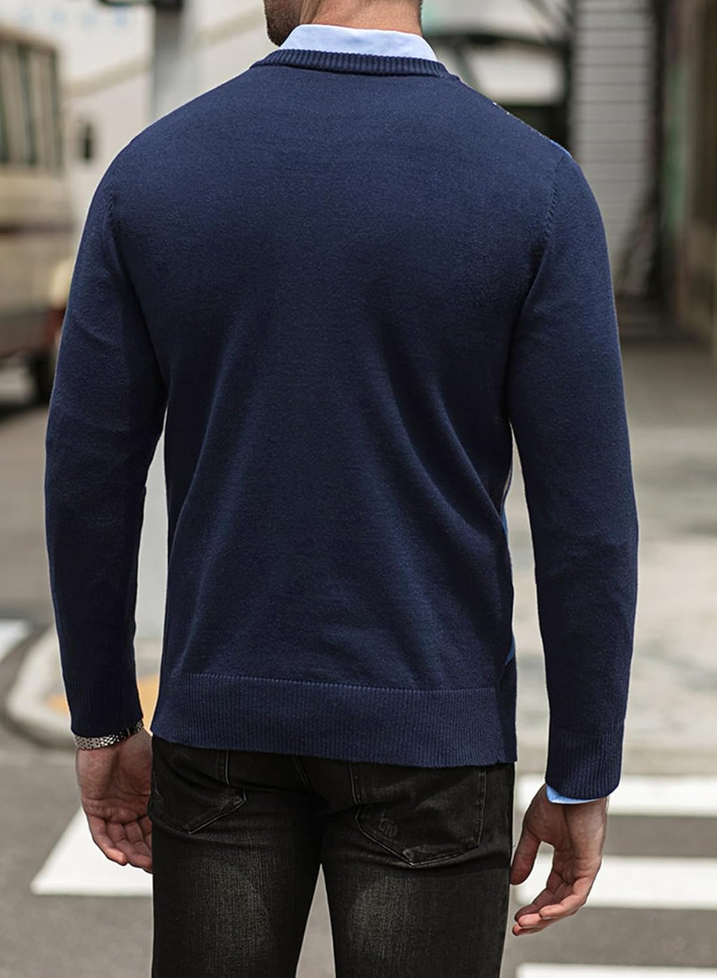 Mens Sweaters Casual V Neck Ribbed Knit Slim Fit Long Sleeve Argyle Pullover