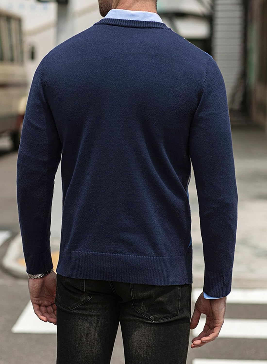 Mens Sweaters Casual V Neck Ribbed Knit Slim Fit Long Sleeve Argyle Pullover