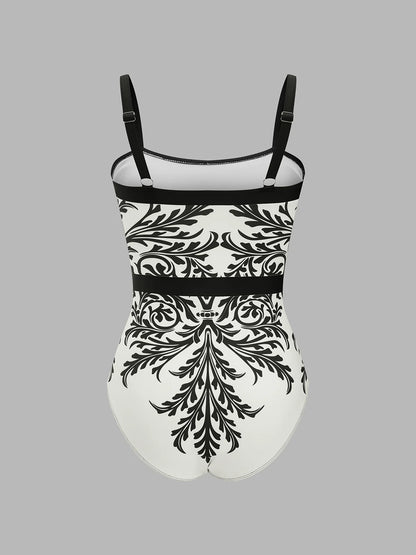 Baroque Print One-Piece Swimsuit & Sarong Set