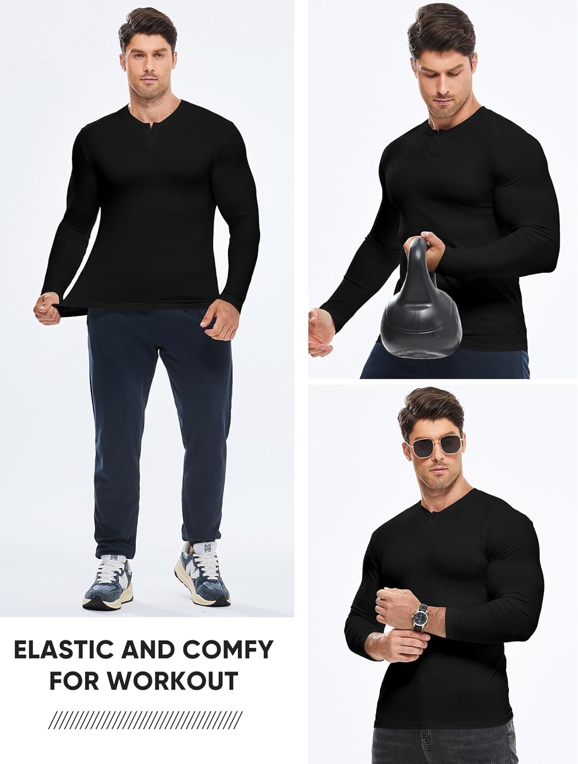 Mens Muscle Slim Henley Shirt Button V-Neck Long Sleeve Gym Workout Athletic T Shirts