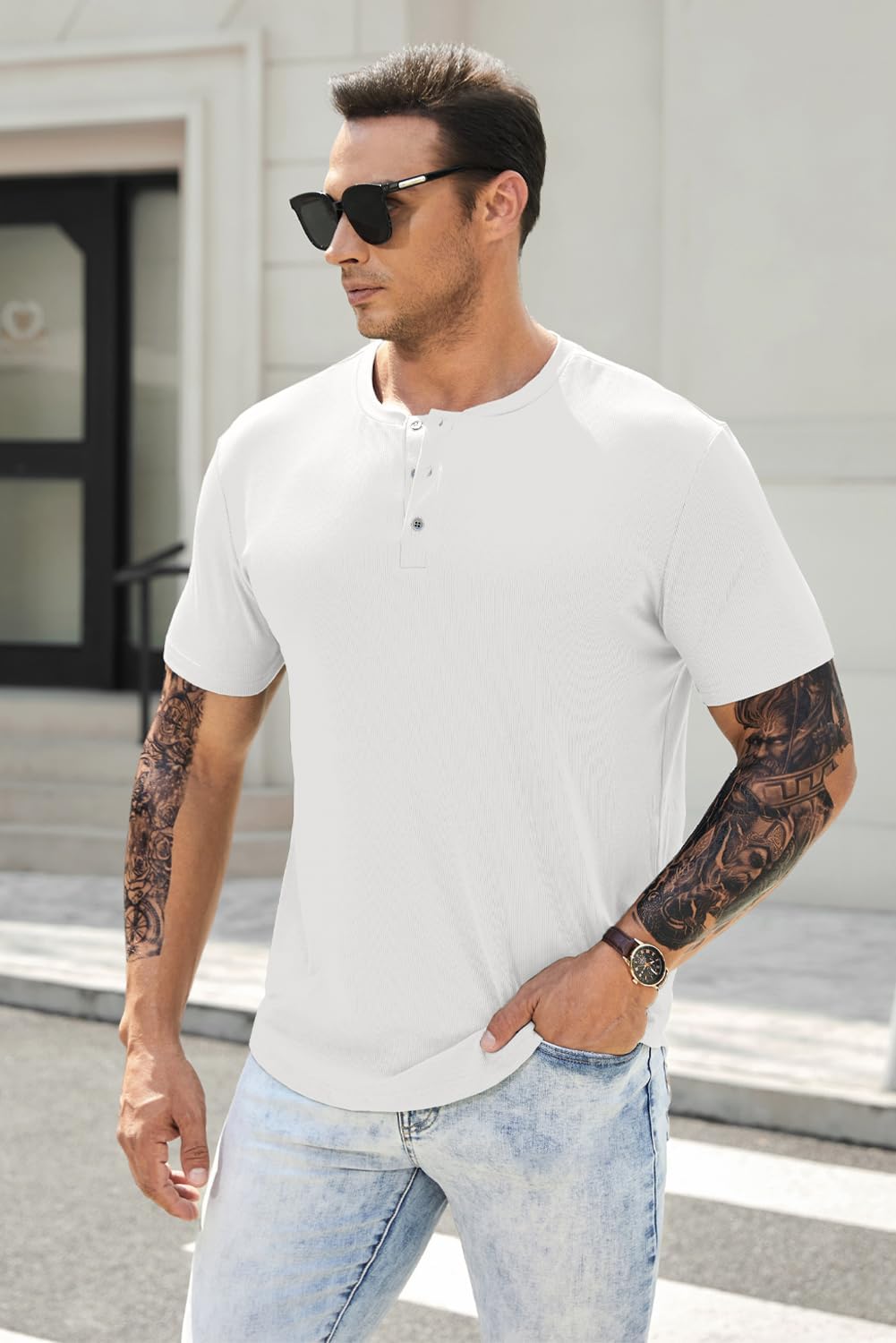 Men's Muscle Slim Henley Shirts Crewneck Longline T-Shirt Gym Workout Athletic Shirt Tees with Button